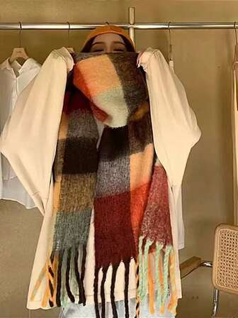 1pc Autumn/Winter Fashion Striped Plaid Fleece Warm Women's Boucle Red Wool Thick Scarf, Warm Acrylic Scarf Like Cashmere​,Bohemian Casual Windproof Couple Shawl, Comfortable Blanket Scarf, Suitable For Daily Wea