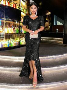CHOSMO Đầm nữ kiểu mới, màu trơn, bóng bẩy, thanh lịch, đính sequin, ngắn trước, dài sau, hở lưng, thích hợp cho buổi hẹn hò tối, đám cưới, tiệc tùng, kỷ niệm, ngày lễ, tiệc tối trang trọng, chụp ảnh, khách dự đám cưới, lễ tốt nghiệp, dạ hội, biểu diễn sân khấu và hòa nhạc, ngày lễ tình nhân, màu đen mùa xuân. - màu đen - Xem 2