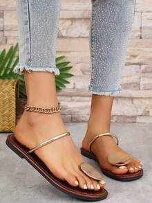 Breezelady Women's Fashion Flat Sandals With Decorative Strap Detail - Open Toe, Slip-On, Faux Leather, Comfortable TPR Sole - Suitable For Casual Wear, Women's Sandals - 酒紅色 - 查看 3