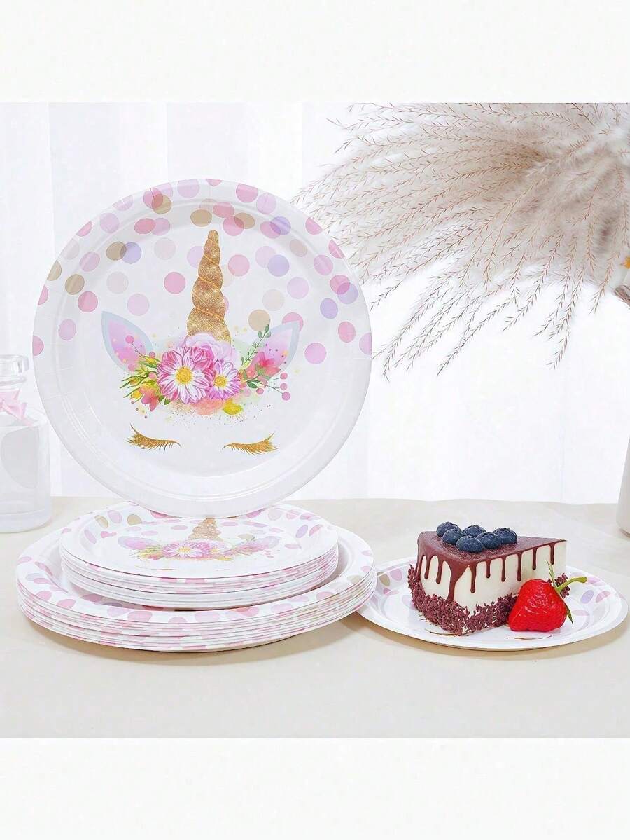 12/24/48 Piece Set, Disposable Tableware With High-End Texture, Unicorn Themed Disposable Paper Tray, 7-Inch Paper Tray, 9-Inch Paper Tray, Food Tray, Party Tray, Material, Suitable For Weddings - Multicolor - View 1
