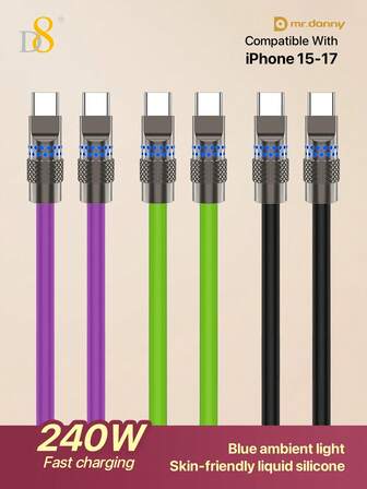  D8 240W snabbladdningskabel, Typ C till Typ-kabel, USB C snabbladdningskabel, Flerfärgad kabel, Regnbågskabel, Färgglad laddningskabel, LED-ljuskabel, Kabel som lyser i mörkret, Flätad nylonkabel, Hållbar laddningskabel, Datasynkroniseringskabel, PD-snabbladdning, Strömförsörjning, För telefon, För S Am Sung, För Android, Kompatibel med telefon 17 16, telefon 16 Pro, telefon 17 16 Pro Max, telefon 15, telefon 15 Pro