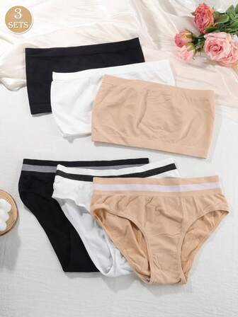 Set de 3 piezas/6 piezas de sujetador sin costuras y sin aros de unicolor y panty de cintura media de color contrastante para mujer, conjunto de lencería sin costuras, conjunto de ropa de dormir y ropa interior para mujer