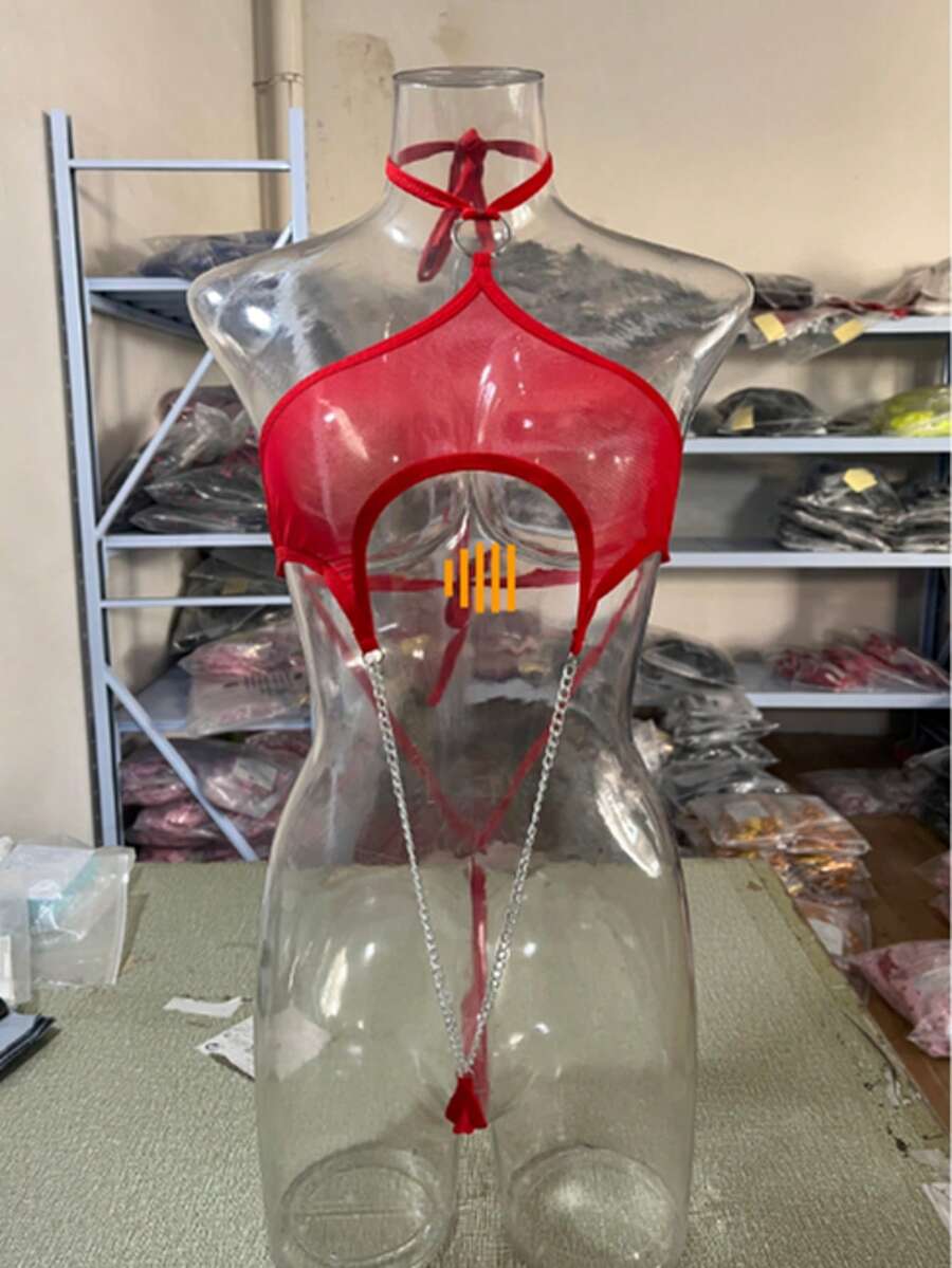 Women's One-Piece Plain Micro-Transparent Chain Sexy Bodysuit - Red - View 1