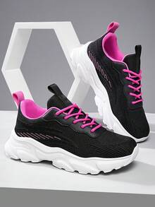 Women's Hiking Shoes, Black Pink Knit Sneakers With Thick Wave Sole, Breathable Mesh Comfortable Walking Shoes For Outdoor, Fashion Ankle Chain Gift For Her - 黑粉 - 查看 2
