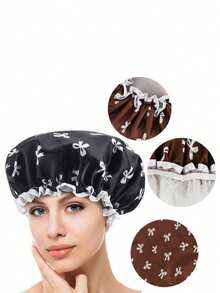 1pc Double-Layer Reusable Waterproof Women's Shower Cap, Bow Pattern, Elastic Bathing Hair Cover, Multipurpose For Kitchen & Bathroom, Essential For Summer & Back To School - Multicolor - View 12