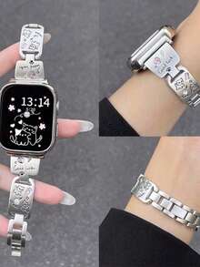 1 New Silver Cute Cat Set With Diamonds Compatible With Apple Watch Strap Suitable For 38mm 40mm 41mm 42mm 44mm 45mm 46mm 49mm Men's And Women's Fashion Styles Suitable For UltraS10/S11/9/8/7/6/5/4/3/2/1 Smart Wristbands (Excluding Watches) Best Gift For Girlfriends And Friends Birthday, Valentine's Day, Christmas, New Year, Mother's Day, Father's Day, Thanksgiving, Etc