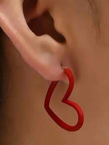 1对极简红色几何心形镂空耳环，优雅设计，百搭女士耳环，情人节畅销款 - 愛心耳環 - 查看 1