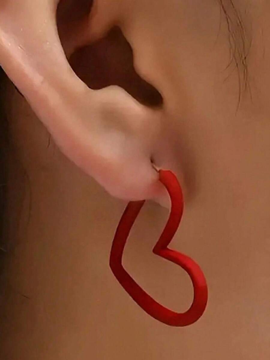 1对极简红色几何心形镂空耳环，优雅设计，百搭女士耳环，情人节畅销款 - 愛心耳環 - 查看 1