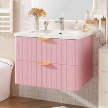 Wall-Hung Vanity Unit With One Basin And Double Storage, Made Of Water-Resistant MDF, Stain-Resistant Ceramic Basin, Melamine Surface Without Lacquer, Space-Saving, Pink - Pink - View 5