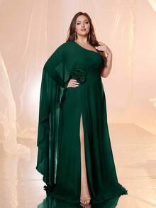 SUPGIR Plus Women's One-Shoulder Floating Piece Sleeve Slim-Fitting Three - Dimensional Flower Slit Chiffon Evening Dress - Dark Green - View 5