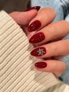 10pcs Handmade Almond Shaped Nail Art, Colors Red With Glitter, White Cat Eye Rhinestones And DIY Snowflake Decorations. Bright Red Nails Are Simple, Elegant, Fashionable And High Quality. Suitable For Mature And Youthful Styles, Perfect For Any Occasion, Easy To Remove/Press-On Nail Stickers. - Red - View 1