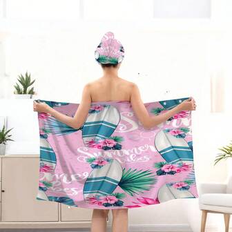 2pcs Valentine's Day Couple Matching Pink Surfboard Print Beach Wrap Skirt, Tropical Vibe, Made Of Soft Absorbent Fabric, Elastic Waist + Triangle Panel Design, Pink Base With "Summer Vibes" Text, Blue & White Surfboard, Tropical Floral Decor, Quick-Drying And Convenient For Post-Shower Wear
