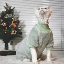 Thick Hairless Cat Clothes, Warm Belly Protective Jumpsuit For Sphynx Cats In Autumn/Winter. Mint Green Faux Lambswool High Collar Cat Outfit, Suitable For Sphynx And Devon Rex Cats. Warm, Skin-Friendly, Non-Stuffy, Cute For Indoor And Outdoor Wear. - Mint Green - View 11