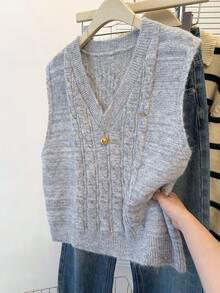 JIANHU Preppy Cable Knit V-Neck Sweater Vest For Fall Layering - Light Grey - View 2