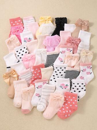 24/12/6 Pairs Baby Crew Socks With Bow Lace Floral Patterns, Girls Lolita Princess Socks With Multi-Design Collection, Ultra Soft Stretchy Breathable Lace Cuff Socks, 0-36 Months For Spring Summer All Occasions, Baby Socks, Girls Socks, Lolita Socks, Princess Socks, Crew Socks, Girls Gift Set Birthday Outfit Christmas Gift Collection