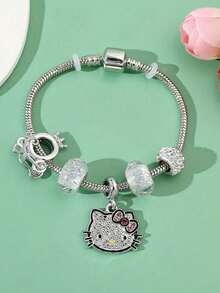 2 Pieces Set, Necklace+Bracelet Set, Cute Cartoon Themed Jewelry Set For Hello Kitty, Zinc Alloy Bracelet Set With Sparkling Crystals, Fashionable Accessory, Including Necklace And Bracelet, Suitable For Daily Wear And Gift Giving, Perfect For Valentine's Day