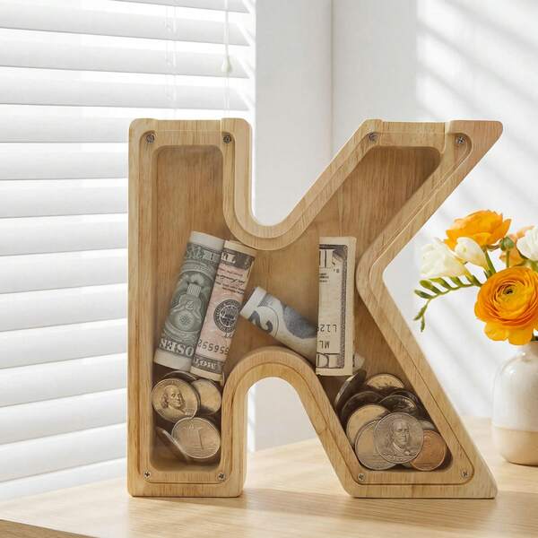 Artisan Wooden Savings Box | Handcrafted Alphabet & Adorable Animal Sculpture Bank, Decorative Collectible & Sentimental Keepsake Gift, Stylish Home Office Decor Collection