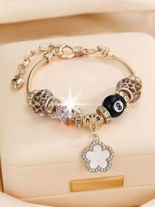 1pc Fashion Crystal Beaded Pendant Bracelet, Butterfly, 5-Petal Flower, Star, Football, Cross Pendant Charm Bracelet For Girls - Multicolor - View 3