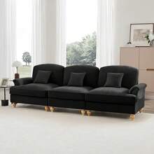 Canapé 3 places d'inspiration mid-century en chenille noire - Élégance rétro avec ses accoudoirs entonnoir, sa jupe à volants amovible et ses pieds fuseau emblématiques - défaut - Voir 6