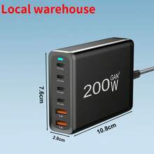 200W GAN 6口PD充电站：便携式多设备充电器 – USB-C充电器带AC延长线 | 本地仓库发货，适用于多人充电、多设备充电、家庭充电需求以及办公桌/家庭办公室使用。 - 美規A型插(110-127V) - 查看 6
