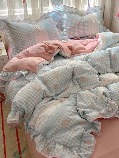 [2025 新款] 蓝白格子蝴蝶结羽绒被套套装，花卉粉色荷叶边床上用品，3 件套（1 个羽绒被套 + 2 个枕套，无内芯），适合女士，单人和双人尺寸，枕套图案随机剪裁