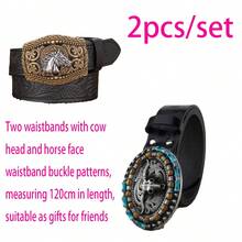 2pcs/1pc Denim, Horse Shaped Buckle Men And Women's Belt, Personalized Bull Head Buckle Waist Belt, Retro Embossed Craft Leather Belt, Suitable As Gift For Boyfriend Or Girlfriend - Multicolor - View 12
