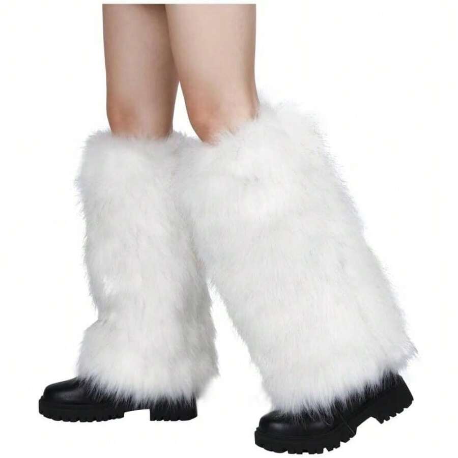 1 Pair Of Women's Faux Fur Leg Warmers - Long Warm Winter Boots And Ankle Covers, Soft Brown/Black/White, Hand Washable Cold Weather Accessories, Suitable For Parties, Daily, Formal Occasions - Comfortable Winter Clothing With Furry Cuffs And Soft Faux Fur Material, Knee-High Design, Versatile Choice For Casual And Formal Wear, Warm And Fashionable Winter Shoes, Women's Leg Warmers, Warm Long Leg Covers, Fur Boot Covers, Plus Size Leg Warmers, Fluffy Leg Warmers, Large Leg Warmers - trắng - Xem 1