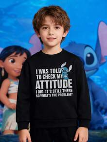 Disney Stitch Letter Pattern Print, Soft And Warm Boys' Hoodie, Suitable For Boys' Daily Wear, Parent-Child Outings And Other Scenarios. - 黑色 - 查看 1