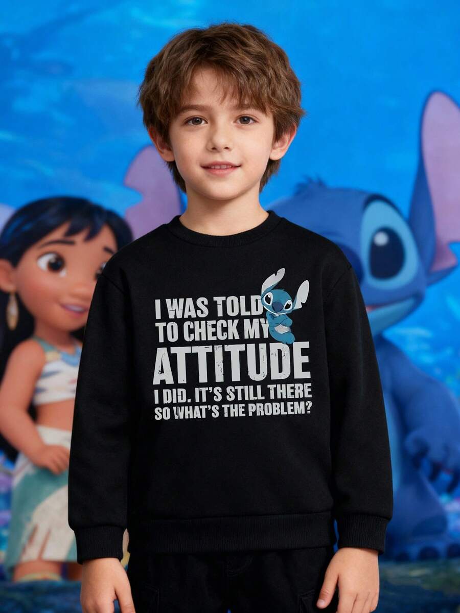 Disney Stitch Letter Pattern Print, Soft And Warm Boys' Hoodie, Suitable For Boys' Daily Wear, Parent-Child Outings And Other Scenarios. - 黑色 - 查看 1