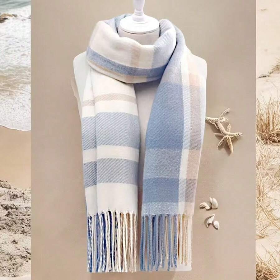 1PC Women's Autumn And Winter New Collection: Fresh And Elegant Imitation Checkered Tassel National Scarf, Fashionable And Versatile Warm Scarf, Suitable For Keeping Warm In Autumn And Winter. This Elegant, Beautiful And Romantic Scarf Can Be Used As A Christmas, New Year And Spring Festival Gift For Family, Loved Ones And Friends. - Blue white - 查看 1