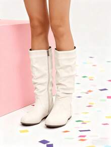 2025 New Women's Solid-Color Fashion Boots: Minimalist Round Toe, Flat Heel & Side-Zip Design-Versatile Mid-Calf & Ankle Styles For Casual Wear - 米色 - 查看 4