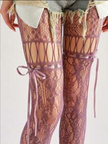 Y2K Subculture Bowknot Fishnet Stockings, Hollow-Out, Jacquard Mesh, Dark Night Black - Purple - View 6