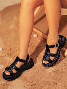 Thick Sole Soft Comfortable Casual Sandals, Hook & Loop Closure Open Toe Fashion Sandals - Black - View 3