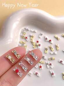 10pcs Mini 2026 New Year Faux Pearl Diamond Encrusted Gold & Silver Nail Art Decorations, New Year Metal Nail Accessories, Shiny Crystal Nail Gems, Suitable For Multi-Purpose DIY Nail Art Decoration