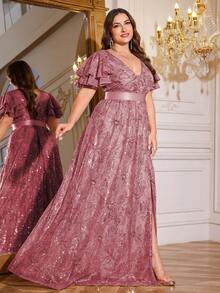 XUIBOL Hochwertig dehnbares, elegantes Pailletten-Patchwork-Kleid in superenganliegender Passform, Große Größen mit V-Ausschnitt, ideal für Abendveranstaltungen, Cocktailpartys, Hochzeiten, Jahrestage, Familienfeiern, formelle Galas, Bridal-Shower, Geburtstagsfeiern. Luxuriöses, würdevolles Kleid für die Brautmutter mit schweren Verzierungen. - Pink - Übersicht 1