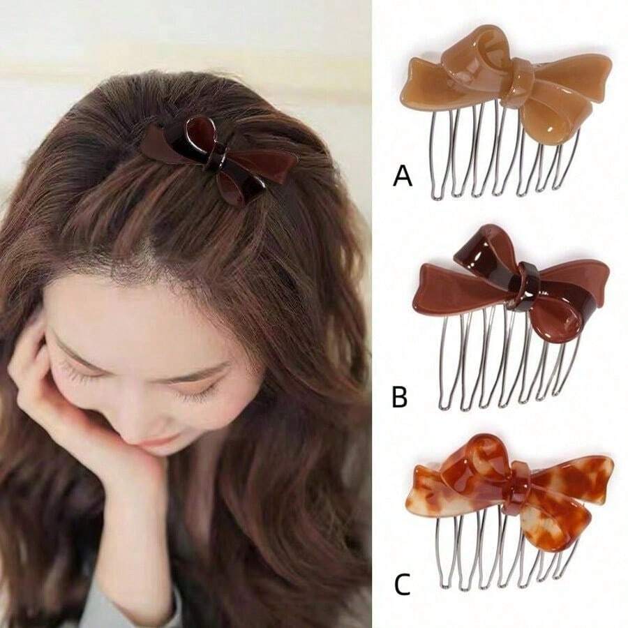 7齿醋酸纤维蝴蝶结发梳夹，女士发型发夹，刘海断发梳夹，女孩礼物，头饰，侧梳，发饰 - 彩色 - 查看 1