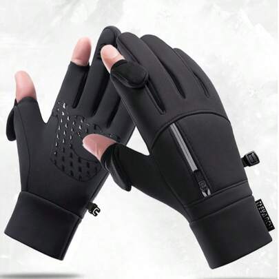 1 par de guantes unisex cálidos, impermeables y a prueba de viento, con pantalla táctil, con bolsillo con cremallera/malla transpirable/silicona antideslizante/diseño de dedo con tapa/hebilla antiperidida, adecuados para esquiar, pescar, ciclismo y otros deportes al aire libre en clima frío, regalo ideal para Halloween y Navidad, guantes unisex negros para deportes de invierno al aire libre