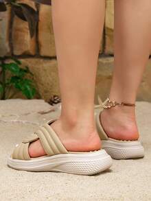 Damen Aprikose Runde Zehenkappe Dicke Sohle PU Leder Sandalen, Mode Lässig Vielseitig Strand Urlaub Bequeme Flache Sandalen, Frühling/Sommer - Aprikosenfarben - Übersicht 5