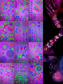 12 Sheets Y2K Glam Neon Glow Temporary Tattoos, Blacklight Body Art Stickers, UV Light Glow Tattoo Stickers, Perfect For Night Parties & Halloween, Assorted Designs For Music Festival And Party Body Make