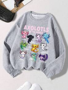 少女卡通印花运动衫圆领长袖落肩套头衫休闲秋冬女童针织上衣。全新秋季时尚，万圣节 - 灰色 - 查看 1