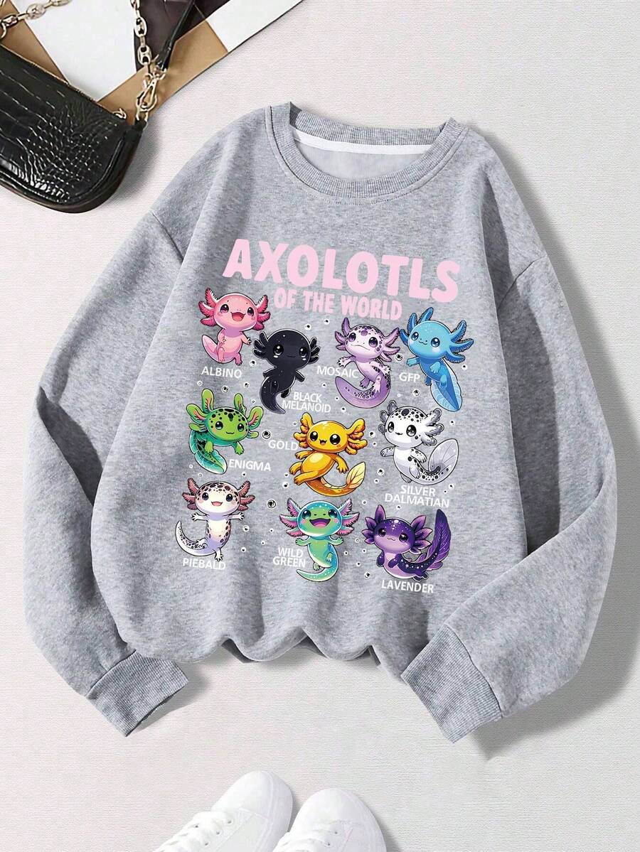 少女卡通印花运动衫圆领长袖落肩套头衫休闲秋冬女童针织上衣。全新秋季时尚，万圣节 - 灰色 - 查看 1