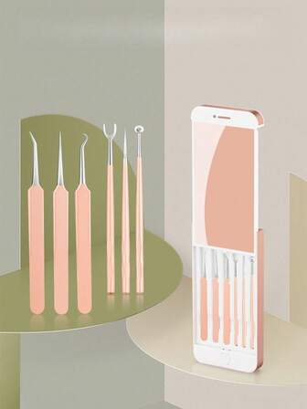 6pcs Acne Remover Tool Kit, Stainless Steel Blackhead Pimple Comedone Extractor Set With Mirror, Portable Storage Box, Essential For Facial Cleansing At Home And Travel