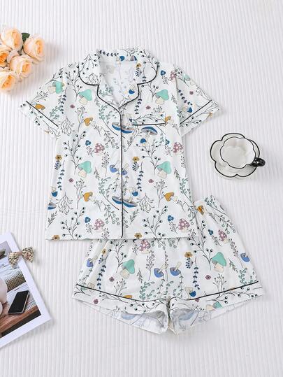 HOREA 2pcs Women's Floral & Mushroom Print Pajama Set, Comfortable Collared Short Sleeve Shirt And Elastic Waist Shorts, Suitable For Sleepwear, Loungewear, Parties, Spring/Summer
