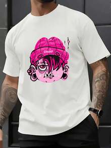 Men's Casual Short Sleeve Crew Neck Sports T-Shirt, 1 Piece, 100% Cotton, 220g, Express A Digital Print, Featuring An Illustration Of An Individualistic Character Wearing A Pink Beanie, Heavyweight 100% Cotton Hoodie - 白色 - 查看 8