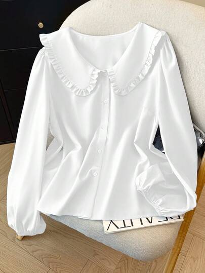Plus Size Women Fashion Casual Commute Versatile Peter Pan Collar Lantern Sleeve Single-Breasted Pure White Blouse, Elegant Office/Holiday/Ramadan Wear