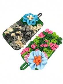 Tapis de recherche pour animaux de compagnie en forme de rectangle avec des bandes de tissu en forme de fleurs. Jouet interactif stimulant l'intelligence pour lapins et hamsters. Conception de stimulation mentale amusante et unique pour renifler - Bleu ciel - Voir 4