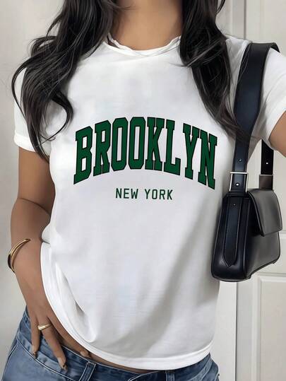 BROOKLYN NEW YORK Collegiate Graphic T-Shirt, Short Sleeve Varsity City Print Tee, Casual Streetwear Oversized Top.