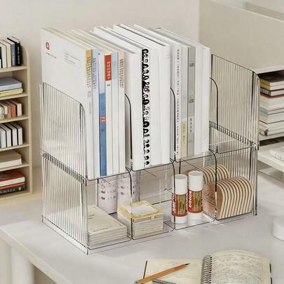 1pc Desktop Organizer Transparent Book End Acrylic File Book Rack For Desk Suitable For Office & Students, Used For Storing Books To Keep Desks Tidy
