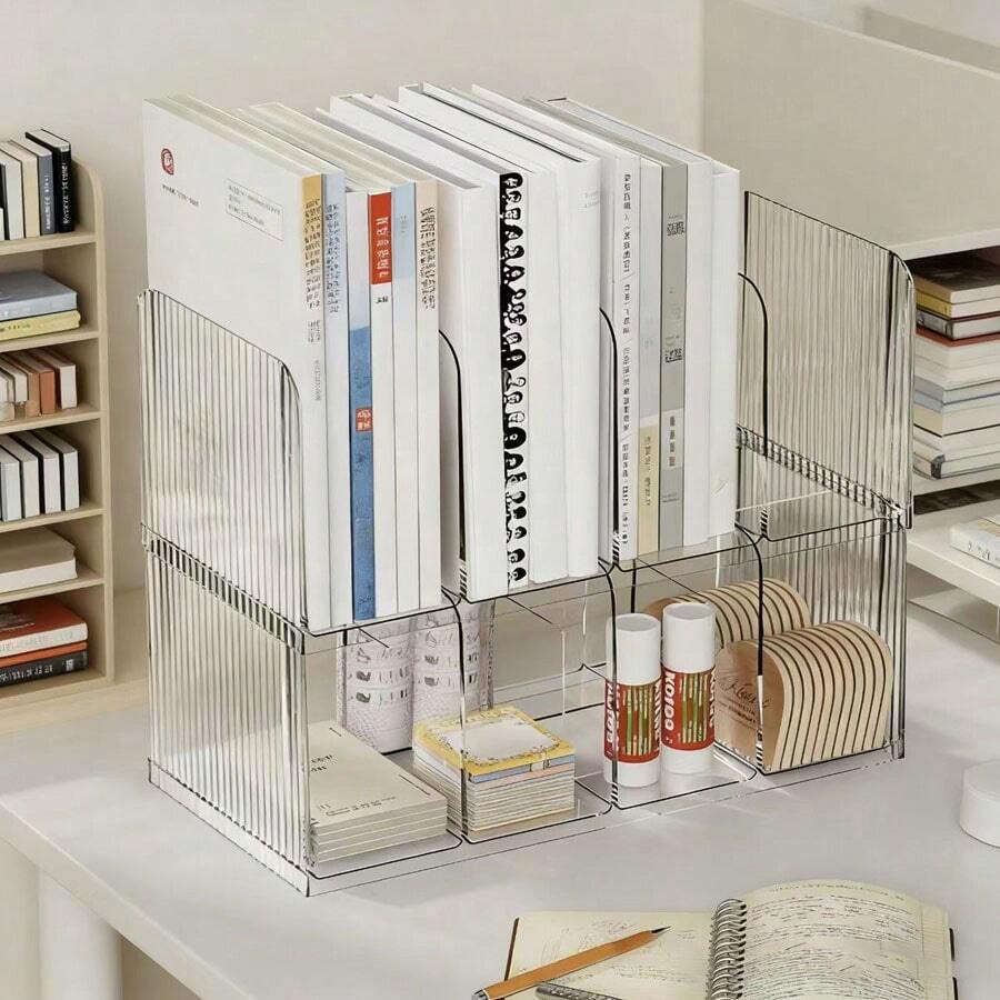 1个桌面收纳架透明亚克力书挡文件书架，适用于办公室和学生，用于存放书籍，保持桌面整洁。