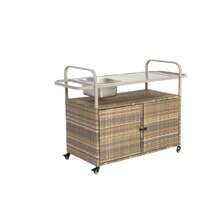 Outdoor Bar Table, Wicker Bar Cart With Cabinet, Patio Serving Cart With Steel Top, With Cooler, Lockable Wheels, Side Basket For Garden, Pool And Backyard, Beige - Beige - View 8